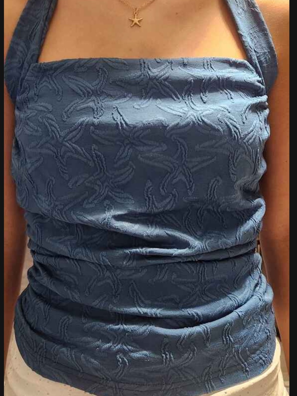 Textured Navy Blue Halter Tank Top